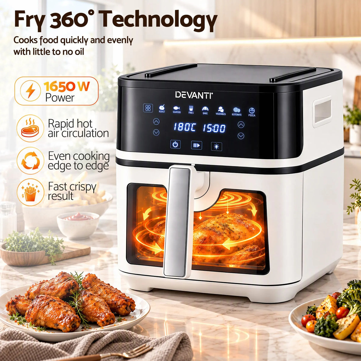 Devanti 8L Air Fryer BBQ Grill 2-in-1 Flip 1650W Touch Control Oil Free White - Image 9