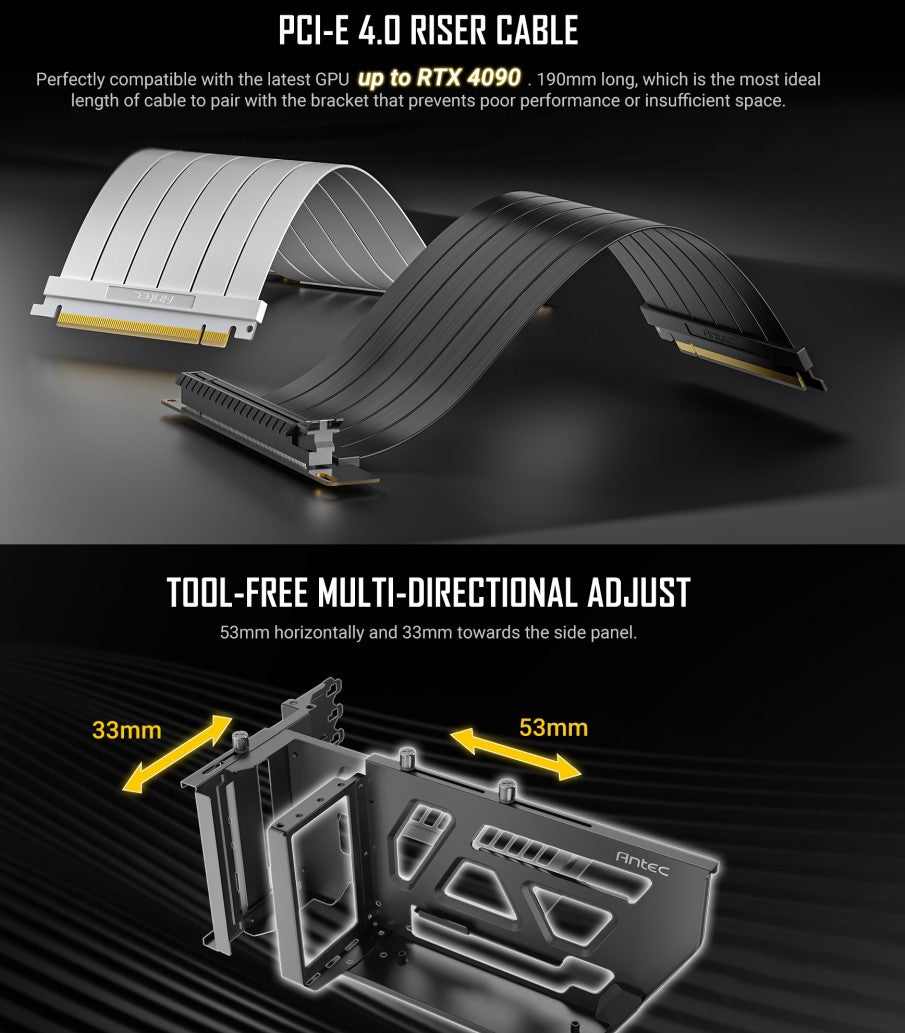 Antec Adjustable Vertical GPU Bracket and PCI-E 4.0 Riser Cable Kit (190mm) White x16 Speed, Gold...