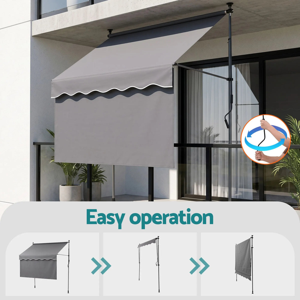 Instahut 2.1M x 1.8M Manual Pivot Arm Awning With Front Curtain Grey - Image 9