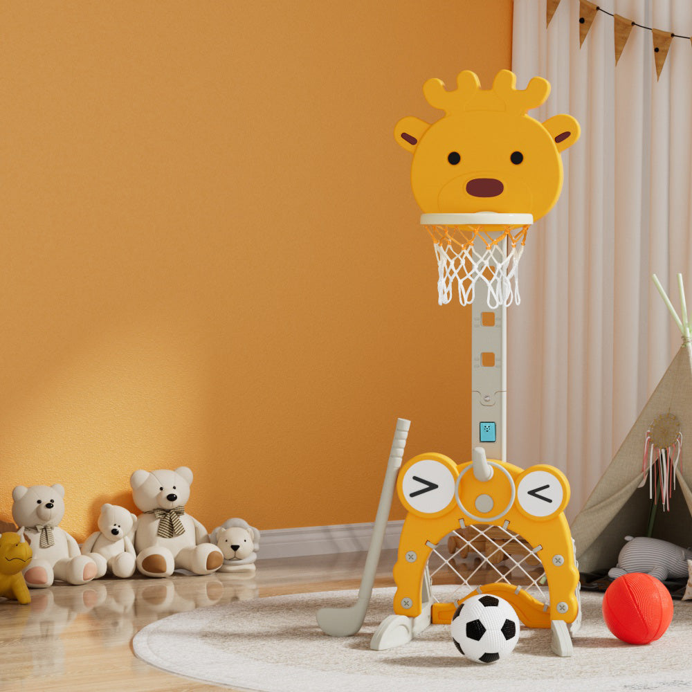 Keezi Kids Basketball Hoop Stand Adjustable 5-in-1 Sports Center Toys Set Yellow - Image 5