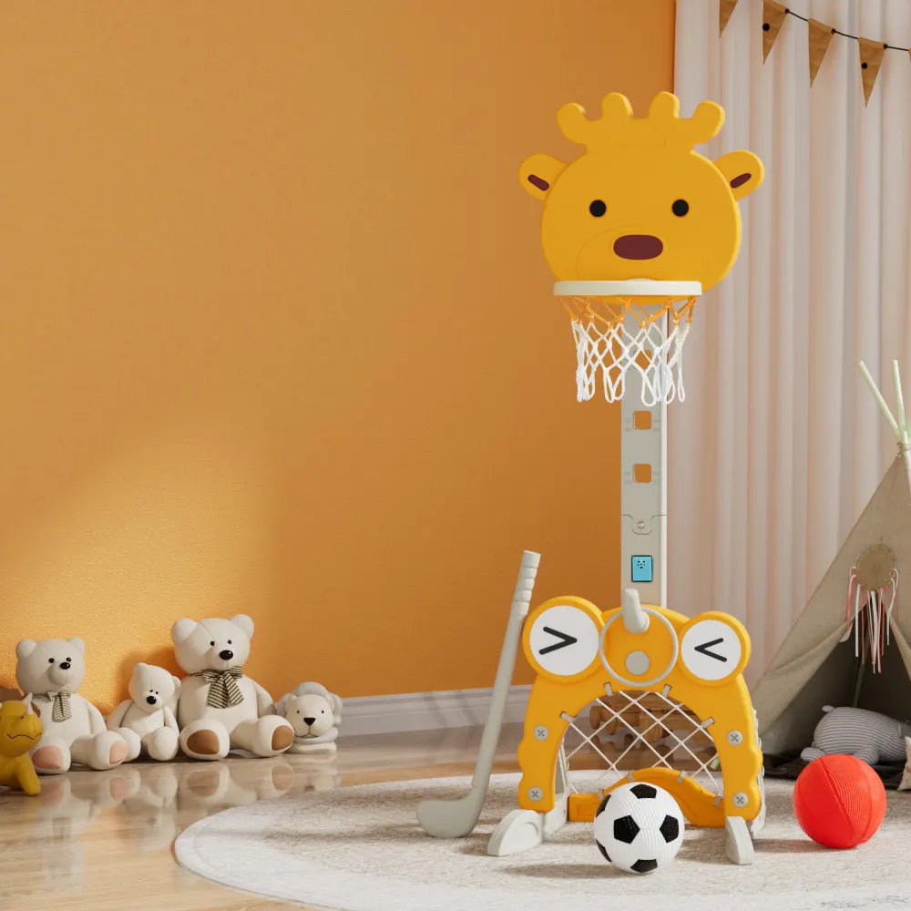 Keezi Kids Basketball Hoop Stand Adjustable 5-in-1 Sports Center Toys Set Yellow - Image 7