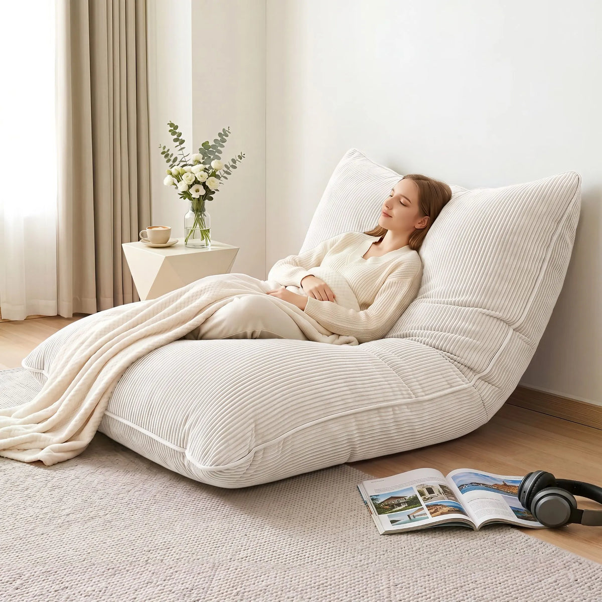 Artiss 3 in 1 Bean Bag Chair Cover (No Filler) Convertible Bean Bag for Adults, Corduroy Stuffed Animal Storage Bean Bag Cover Washable for Living Room Bedroom, Beige - Image 9