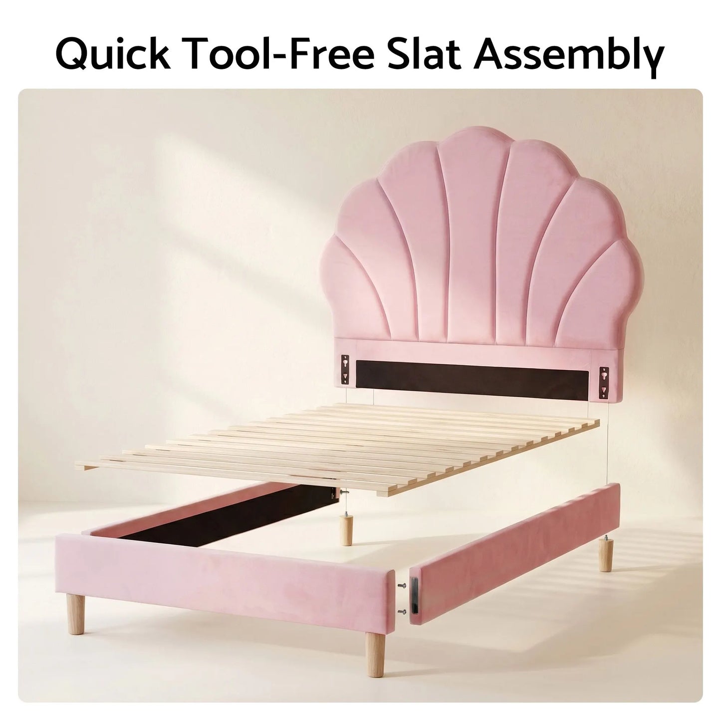 Artiss Single Bed Frame Scallop Upholstered Headboard Pink Velvet Platform Base Support up to 180kg - Image 9