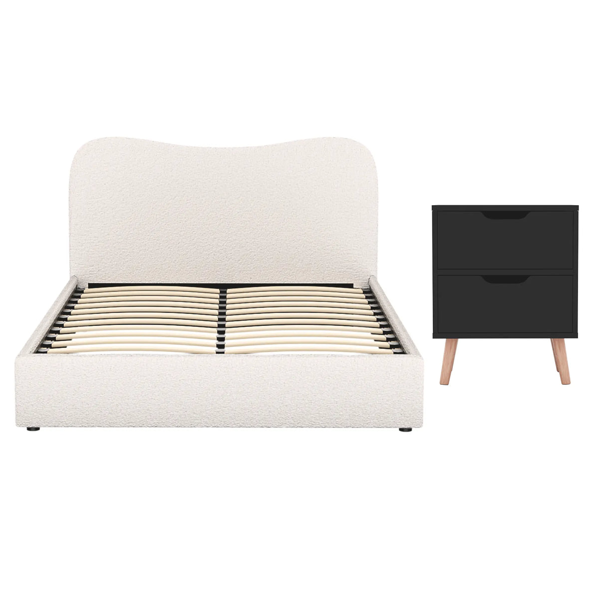 Artiss Double Bed Frame and Bedside Table Set Boucle Beige with Headboard Black Nightstand - Image 3