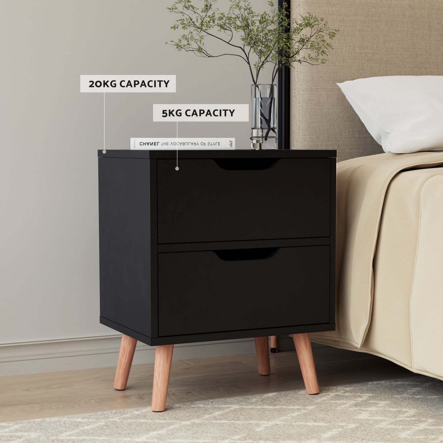 Artiss Double Bed Frame and Bedside Table Set Boucle Beige with Headboard Black Nightstand - Image 6