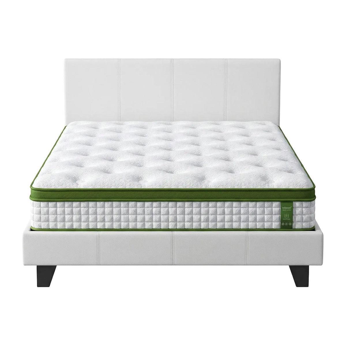 Artiss Double Bed Frame Platform White PVC Leather Hybrid Mattress Modern - Image 3