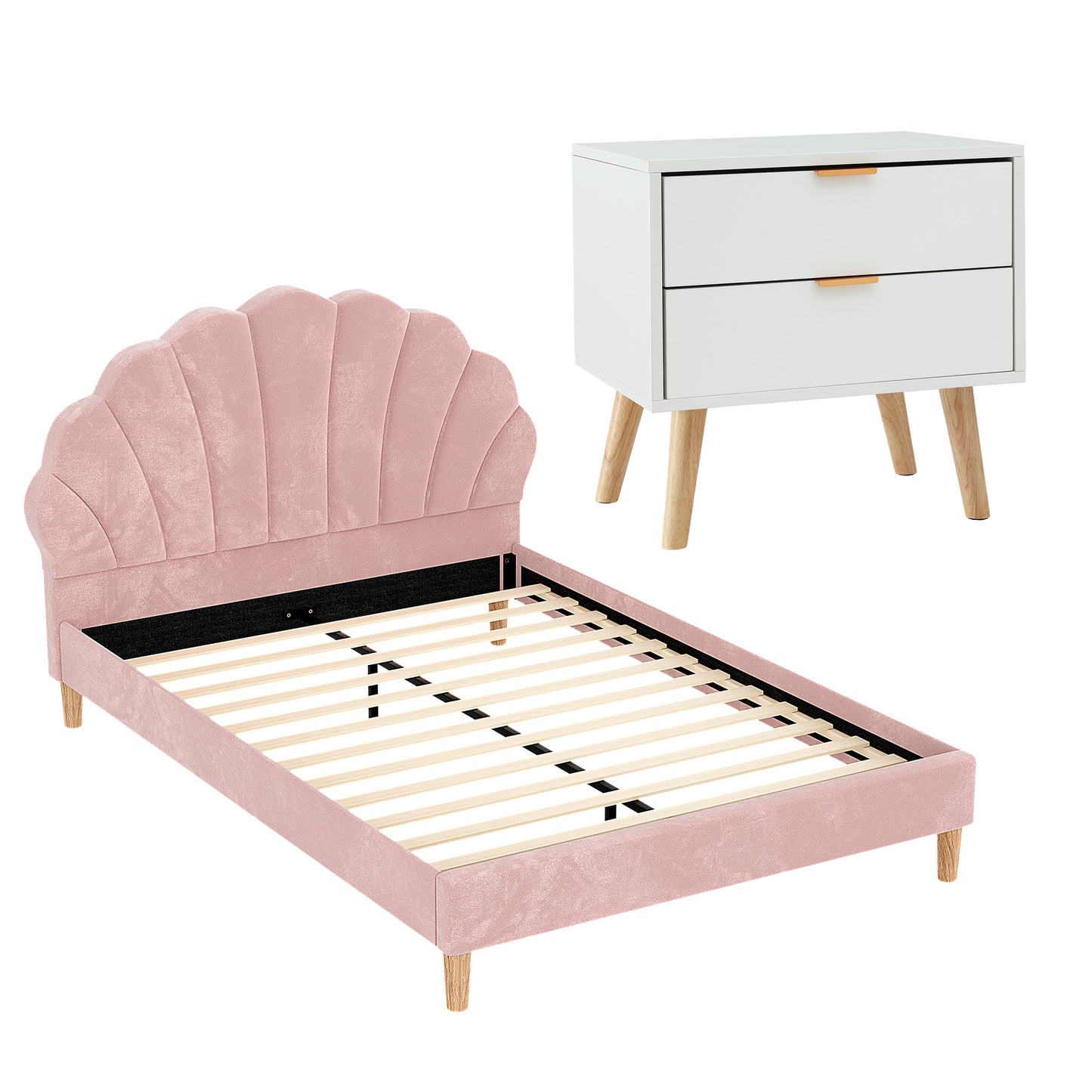 Artiss Double Bed Frame Scallop Headboard Pink Velvet with 2 Drawer Bedside Table - Image 7