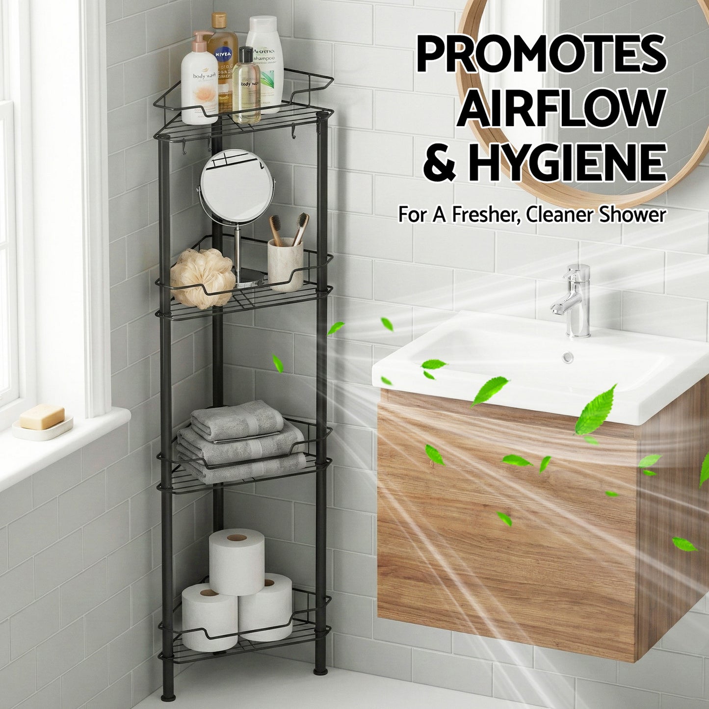 Artiss 4 Tier Floor Standing Corner Shower Caddy Bathroom Organizer Black - Image 9
