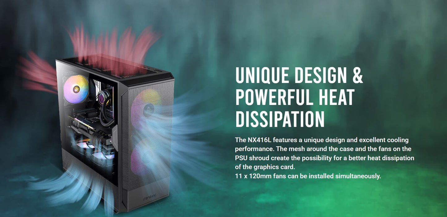 Antec NX416 Mesh ATX. USB-C x1, USB 3.0 x. 2x ARGB 160mm + 1x ARGB 120mm Fans. LED PWM Controller. SSD Storage, Cable Routing, Black Gaming Case (LS