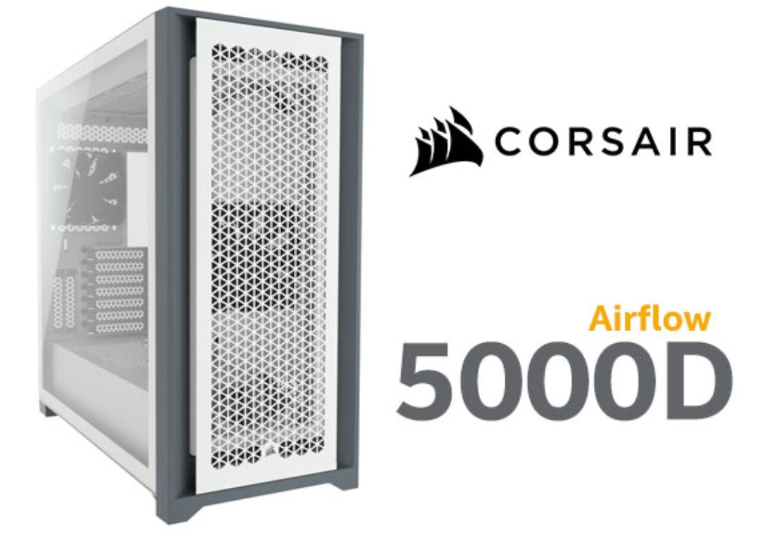 Corsair 5000D AIRFLOW E-ATX, ATX, USB Type-C, 1x 120mm Front Rear, Radiator 360mm. 7+2 PCI Slot, 4x 2.5' SSD, 2x 3.5' HDD. VGA 420mm. White. Case