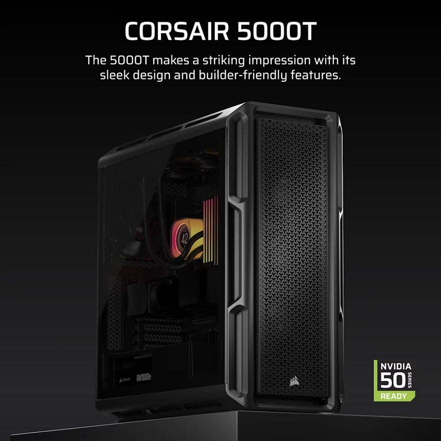 Corsair 5000T Mid-Tower High-Performance PC Case - Black, ATX, 450mm GPU, 250mm PSU, 170mm CPU co... - Image 3