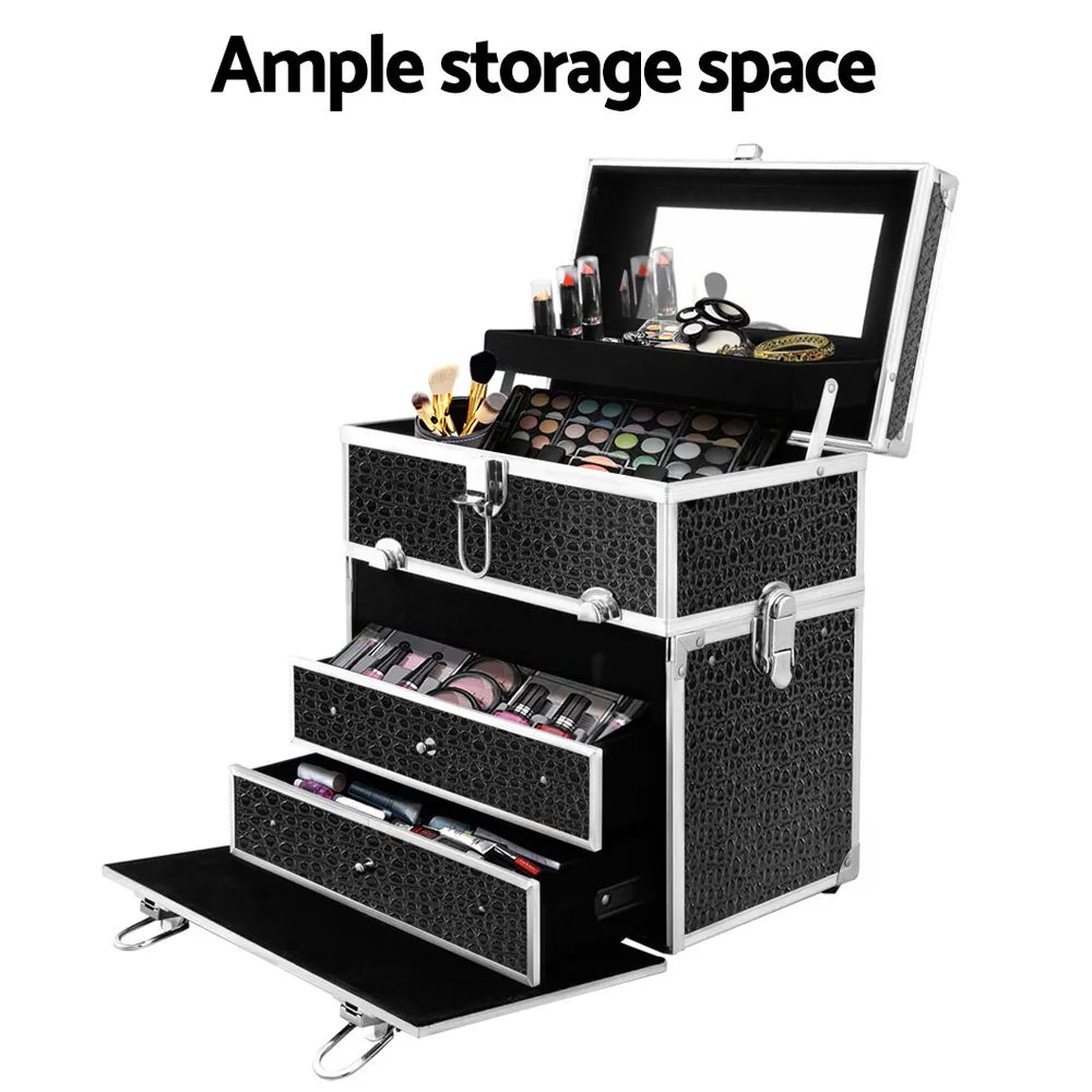 Embellir Portable Cosmetic Beauty Makeup Carry Case with Mirror - Crocodile Black - Image 6