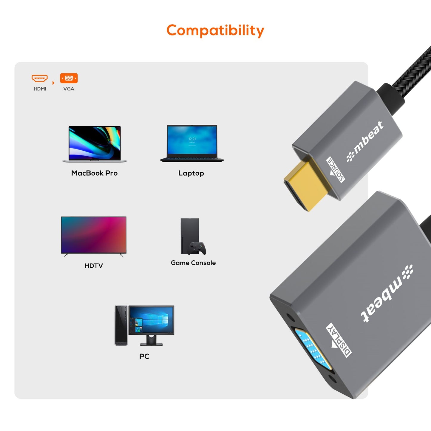 mbeat® Tough Link HDMI to VGA Adapter  HDMI Support Version: 2.1  Cable Length: 15cm  Up to 1080p... - Image 3