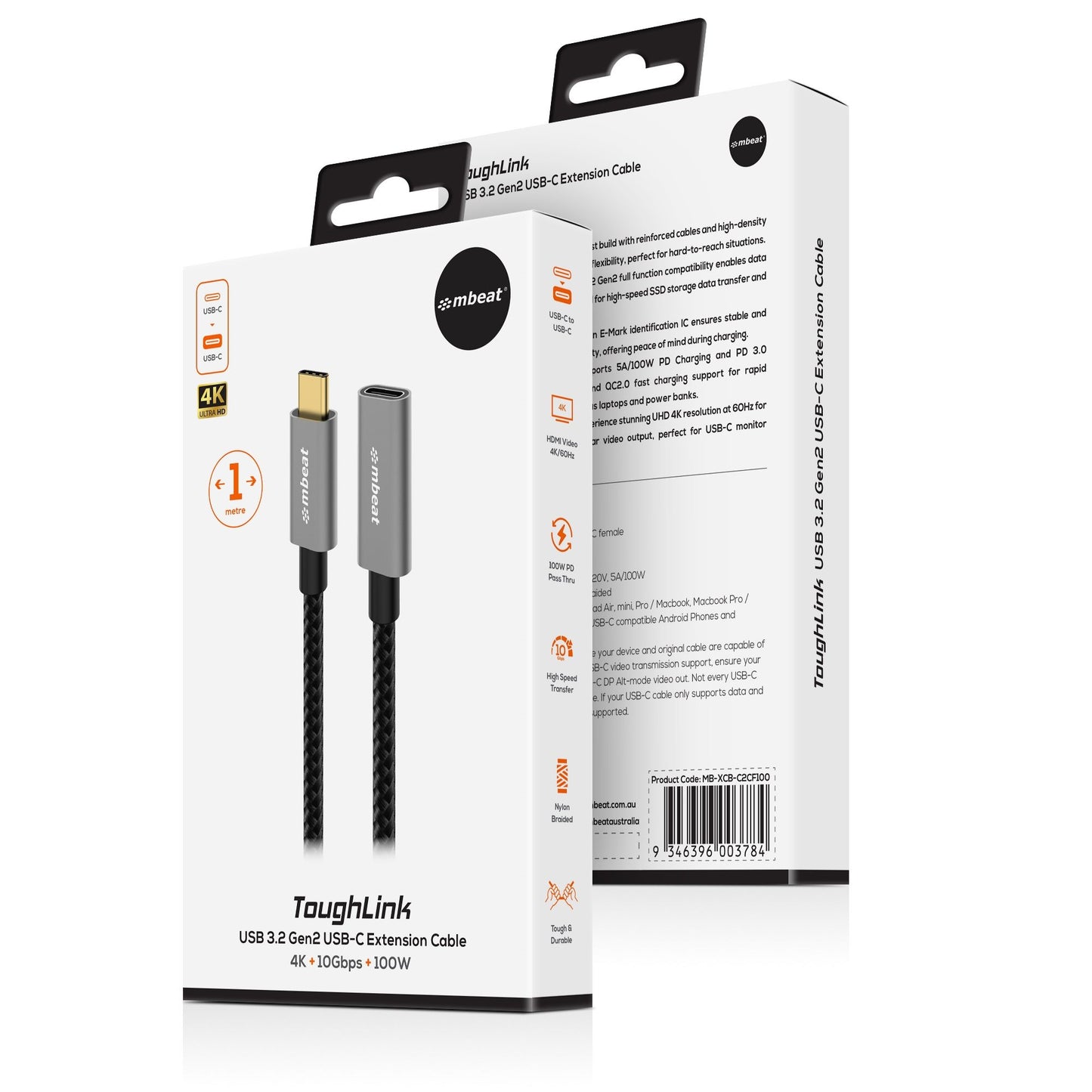 mbeat® Tough Link 1m USB 3.2 Gen2 USB-C Extension Cable - Space Grey Video Resolution: Maximum 4K... - Image 4