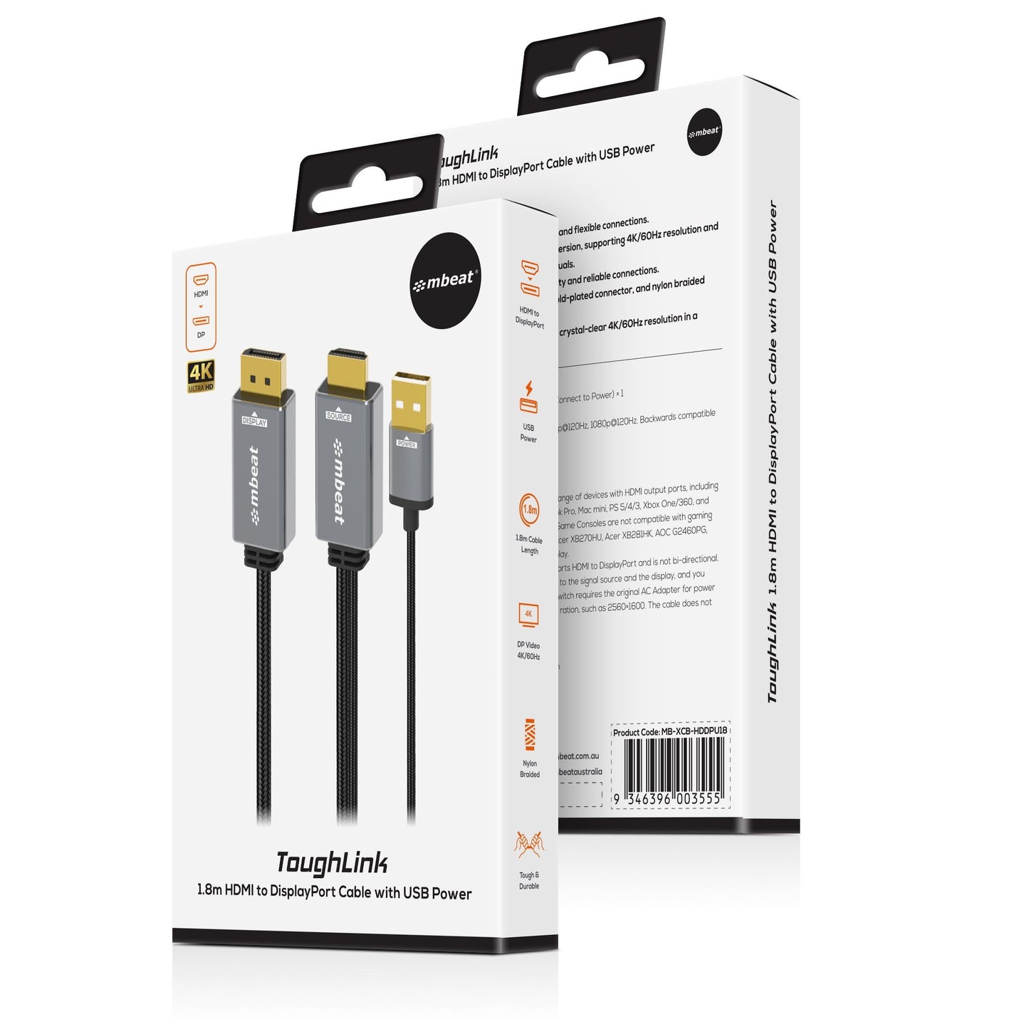 mbeat® Tough Link 1.8m HDMI to DisplayPort Cable with USB Power 4K@60Hz (3840×2160), 1440p@120Hz... - Image 4