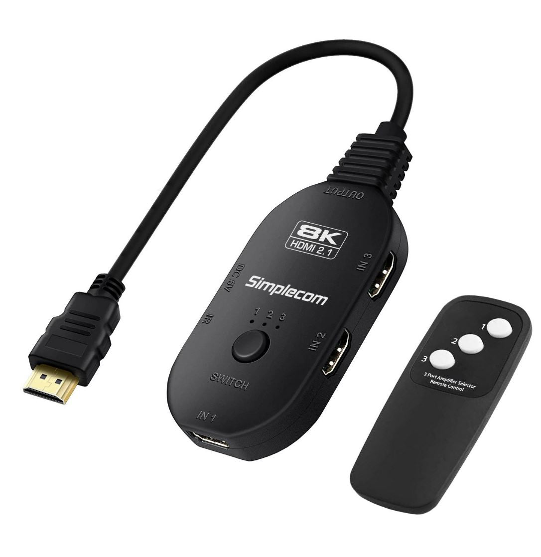 Simplecom CM353 3-Port HDMI 2.1 Switch 3 IN 1 OUT Splitter HDCP 2.3 8K@60Hz - Cables