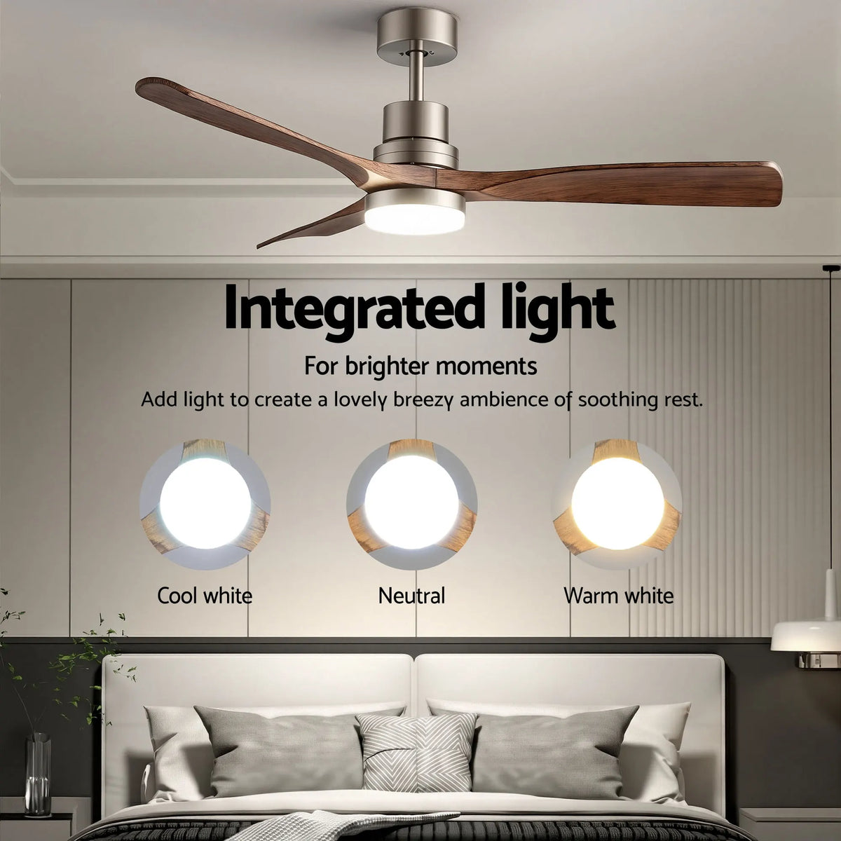 Devanti 52" Ceiling Fan with Light Remote Control DC Motor Smart App Timber Blades Brown - Image 5