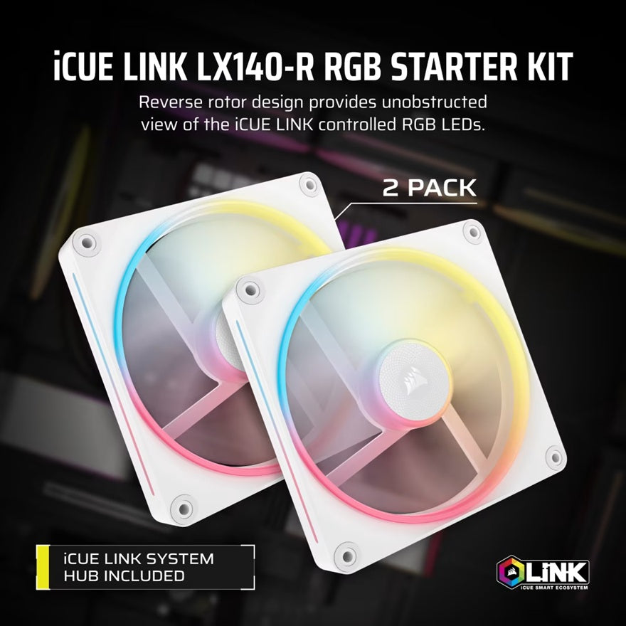 Corsair iCUE LINK LX140-R RGB 140mm PWM Reverse Fans Starter Kit Dual Pack -White: 90.6 CFM, 2000... - Image 4