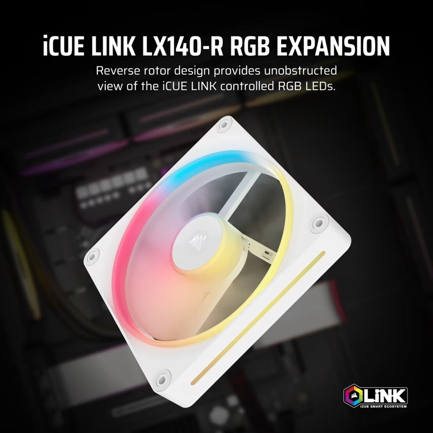 Corsair iCUE LINK LX140-R RGB 140mm PWM Reverse Fan Expansion Single Pack - White: 90.6 CFM, 2000... - Image 4