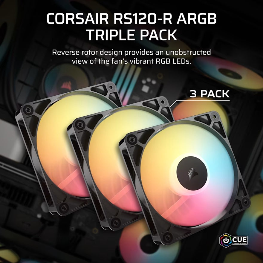 Corsair RS120-R ARGB 120mm PWM Reverse Fans Triple Pack - Black, 3x RGB Fans, 2100 RPM, 65.82 CFM... - Image 4