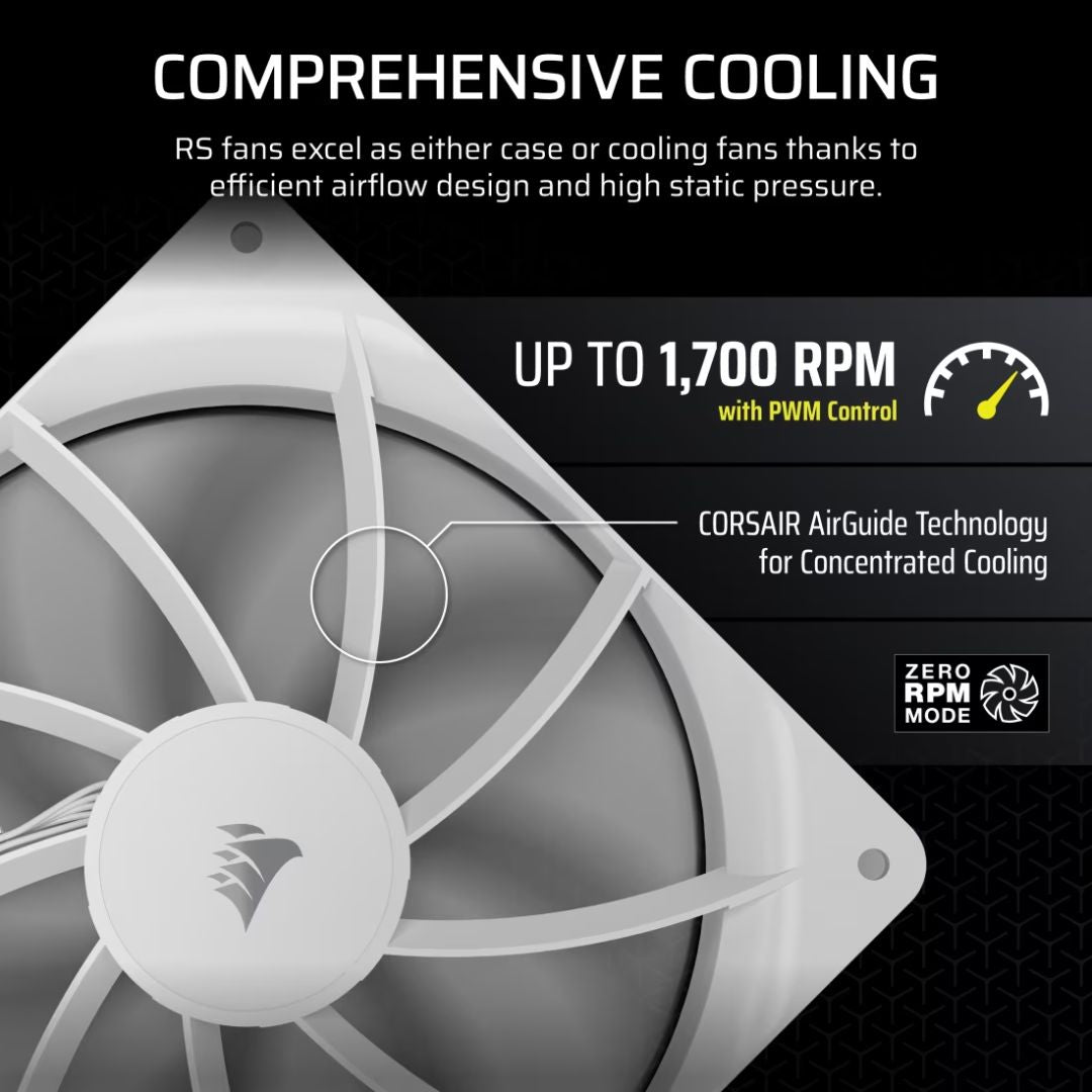 Corsair RS140 140mm PWM Fans - Dual Pack - White: 95.5 CFM, 1700 RPM, 36 dBA, 0.45A, Static Pressure, Magnetic Dome Bearing