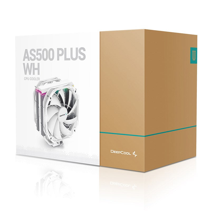 DeepCool AS500 PLUS White CPU Cooler Single Tower, Five Heat Pipe Design High Fin Density, Double PWM Fans, Slim Profile, LGA2066/1851-1155/AM4/AM5