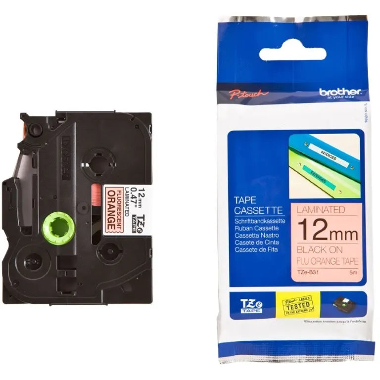 Brother 12MM Black On Fluoro Orange TZE Tape - Scanner and Labeller