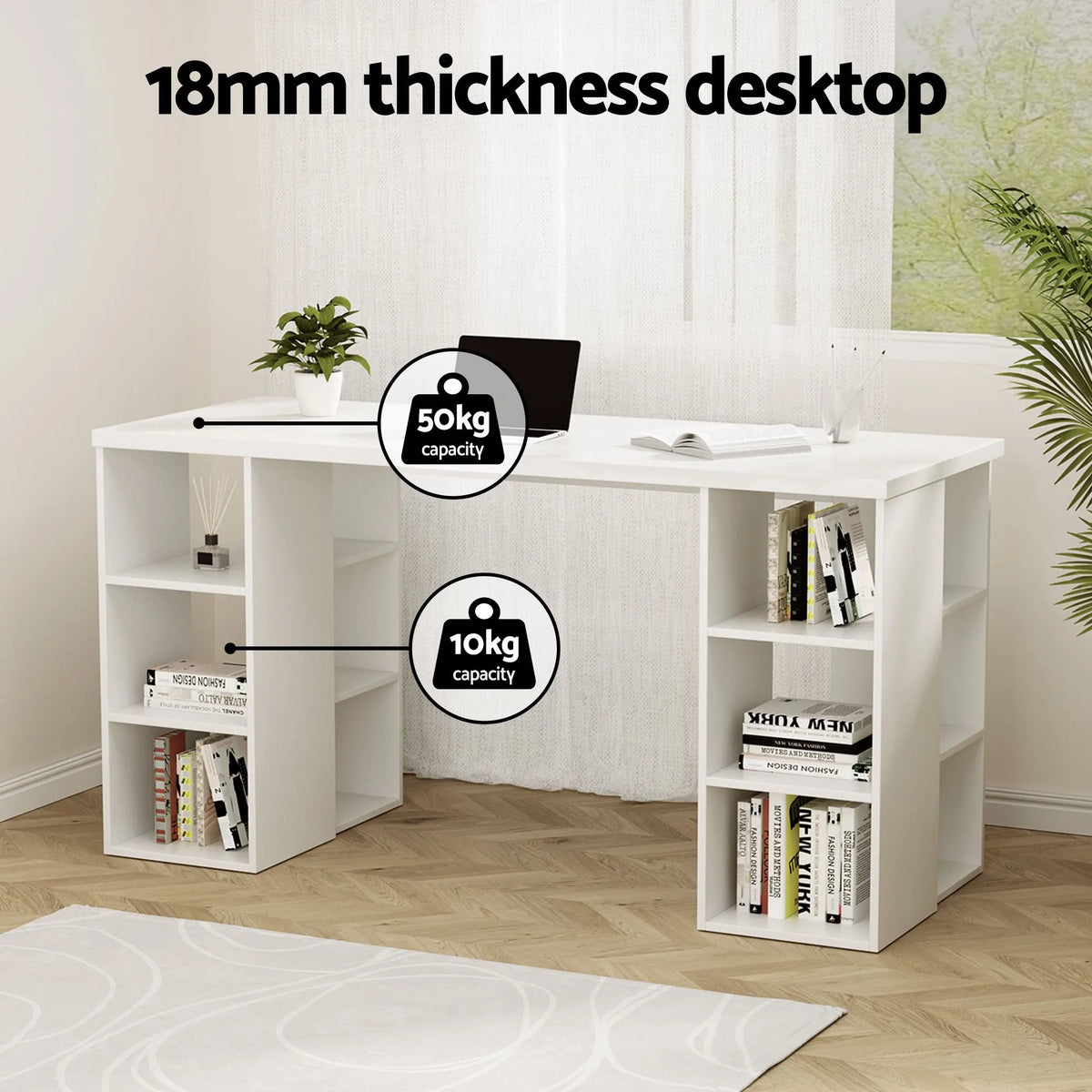 Artiss Office Desk & Chair Set 150cm Computer Desk with 6 Storage Shelves & Ergonomic Cross Legged Chair Armless Cross PU Leather Office Chair with Wheels - Image 9