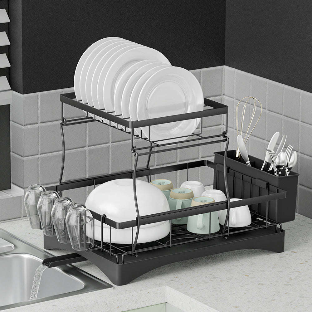 Cefito Dish Rack Expandable Drying Drainer Cutlery Holder Tray Kitchen 2 Tiers - Image 7