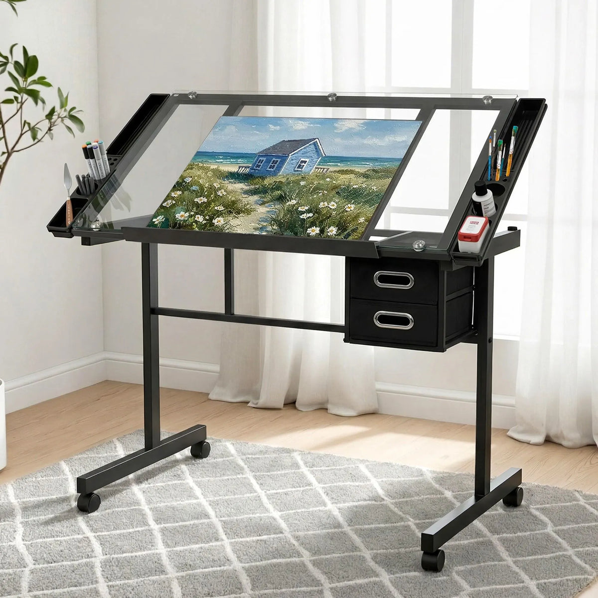Artiss Drawing Desk Drafting Table Black - Image 8