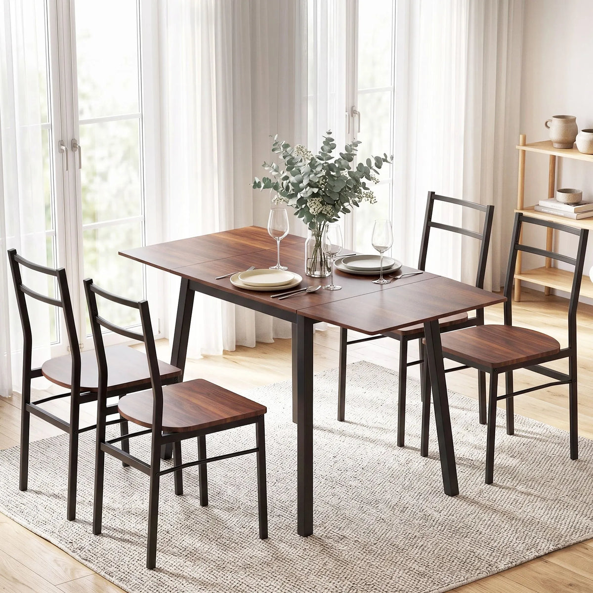 Artiss Dining Table and Chairs Set 5pcs with Extendable 60-120cm Drop-Leaf Table Brown - Image 9