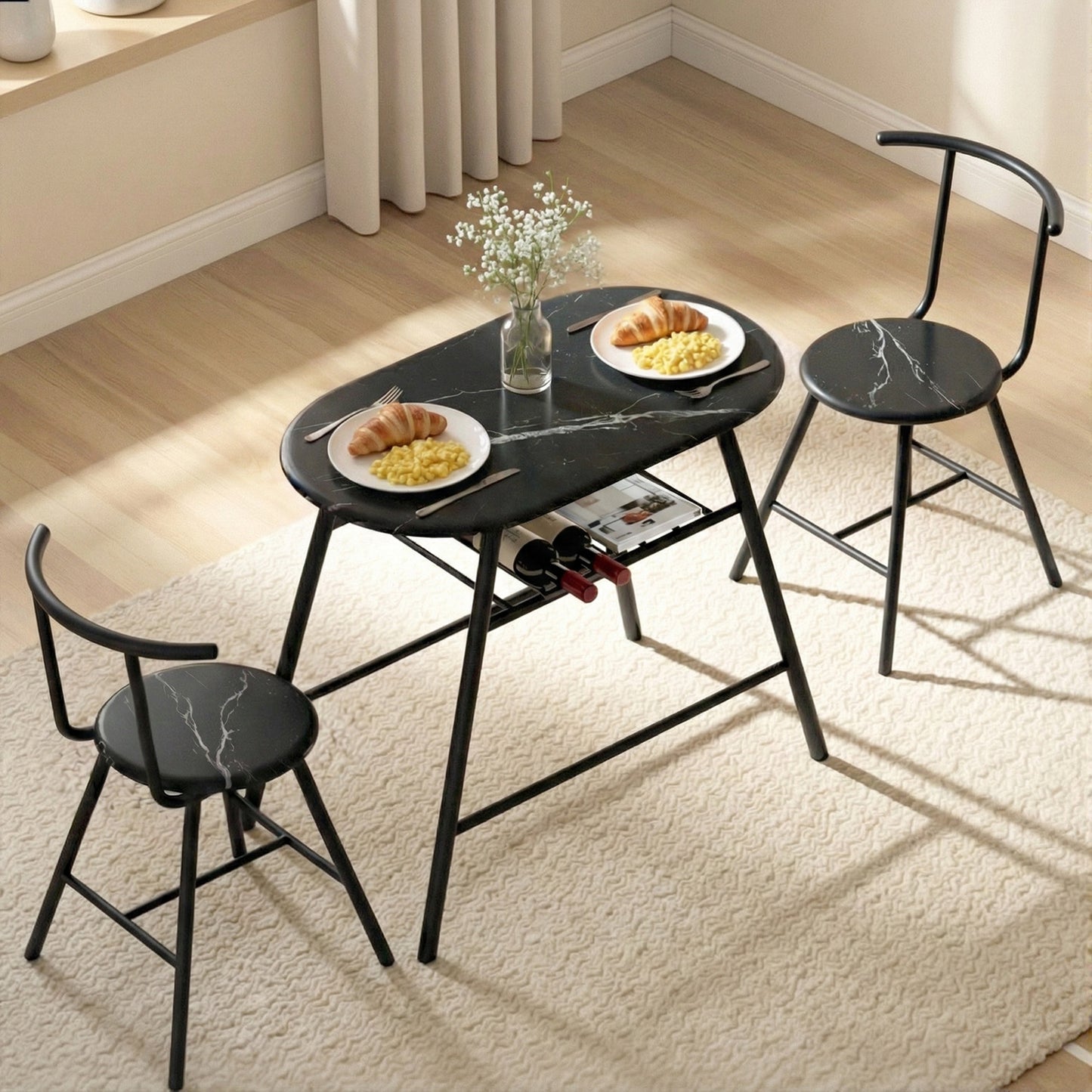 Artiss Dining Table Set 3PC Bistro Kitchen Storage Wine Rack Black Marble Style - Image 8