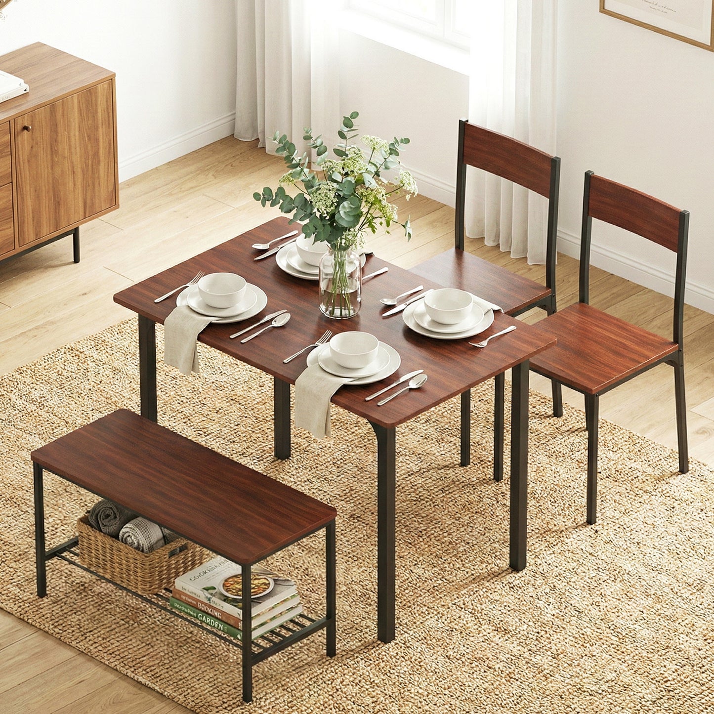 Artiss Dining Table and Chairs Set of 4 Storage Bench Kitchen Furniture Walnut - Image 9