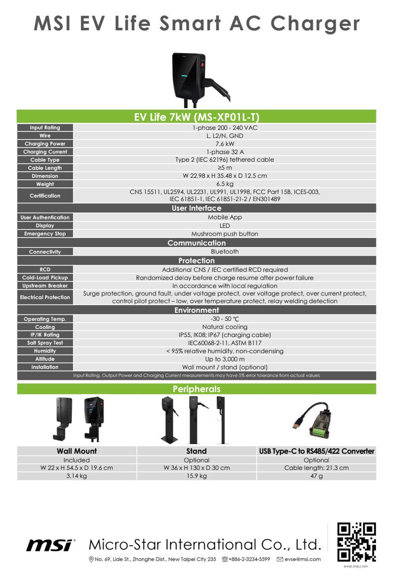 MSI Smart EV Charger EV Life, IEC 62196-2 Type 2 charging gun, 7.4 kW/32A, Bluetooth, IP55 and IK... - Image 4