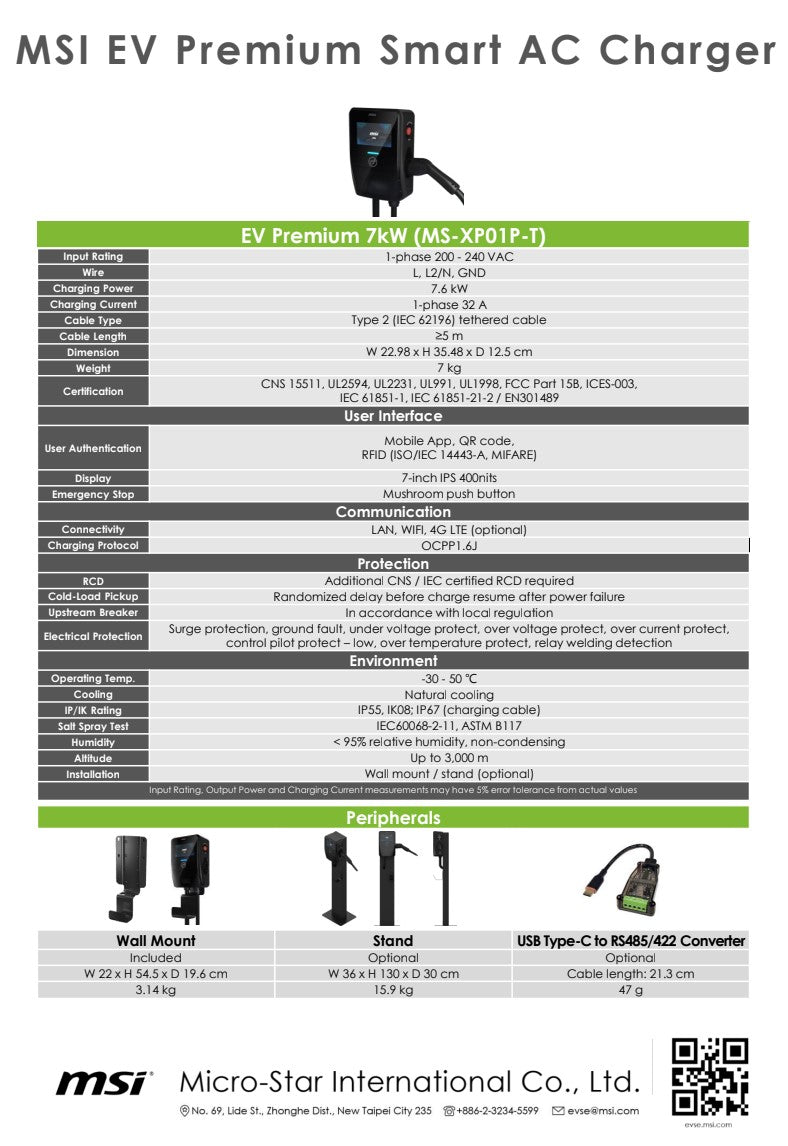 MSI Smart EV Charger EV Premium, Single Phase 32A, 7.4KW ,5M Type 2 Charging gun, 7' IPS, IP55... - Image 4