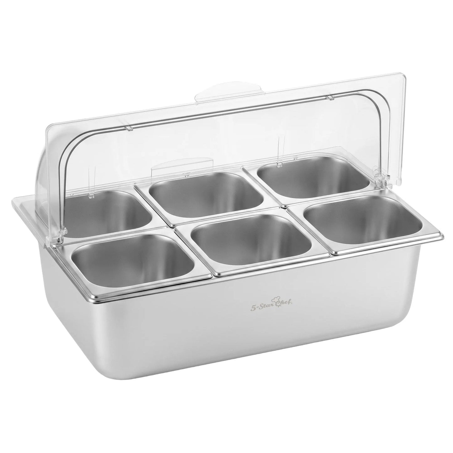 5-Star Chef 6 Pan Food Serving Display Stainless Steel Cooler Platter with Clear Roll Top Cover - Image 9