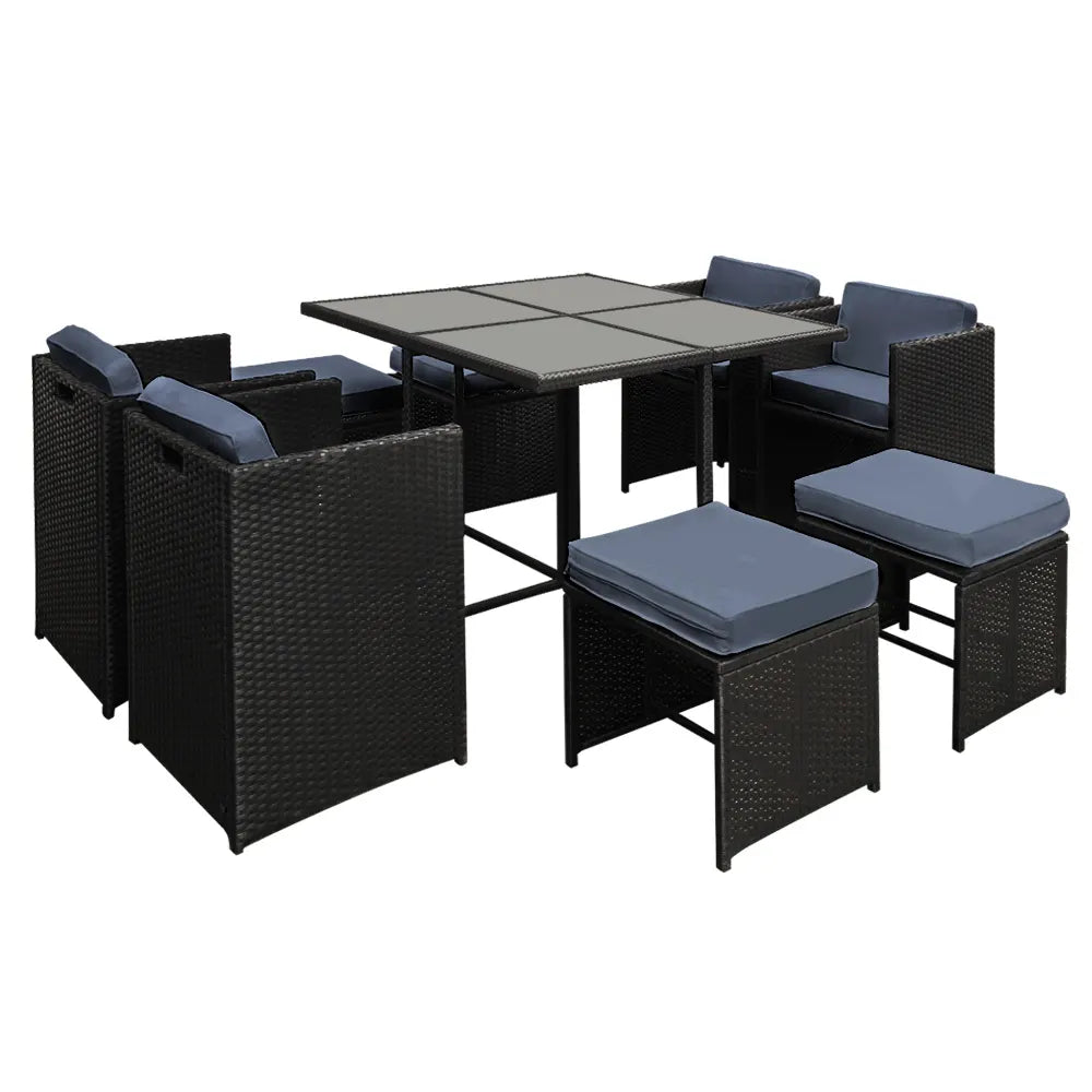 Gardeon Outdoor Dining Set 9 Piece Wicker Table Chairs Setting Black - Image 8
