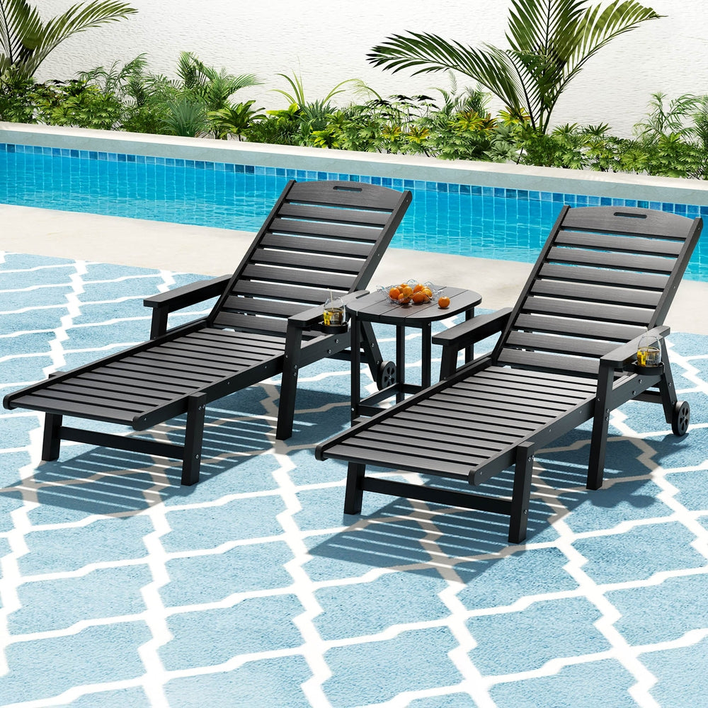 Gardeon Sun Lounge Lounger Beach Chair HDPE Patio Outdoor Furniture with Wheels Black - Image 7