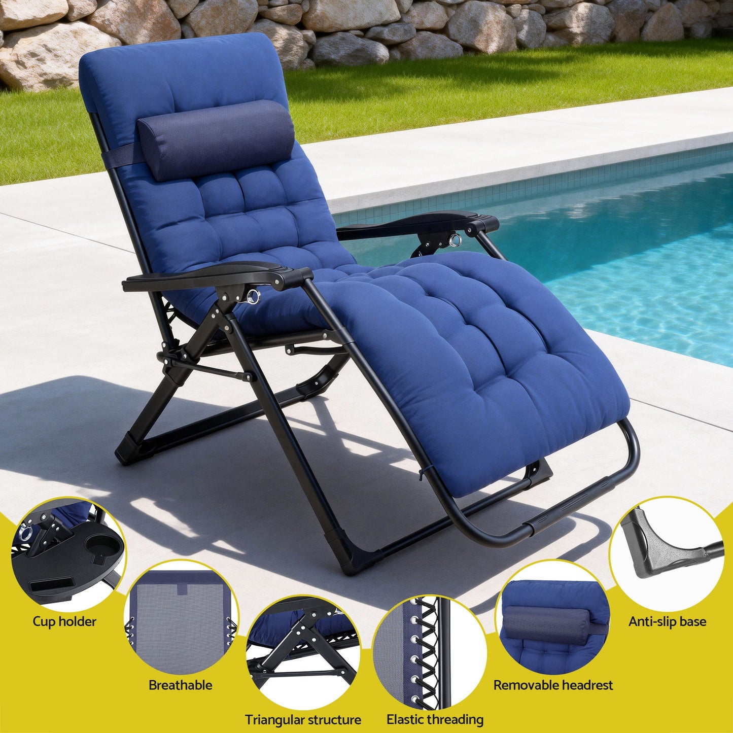 Gardeon Sun Lounge Lounger Folding Camping Zero Gravity Chair Outdoor Furniture XL Blue - Image 7