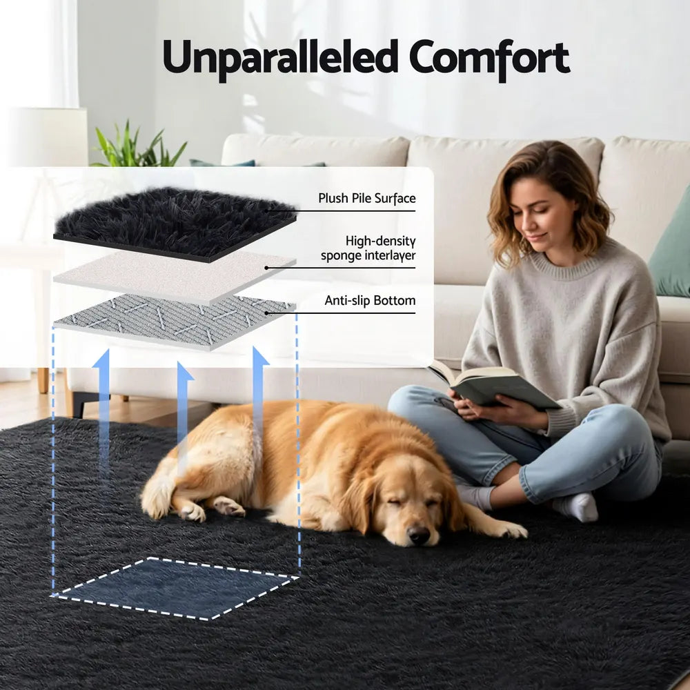 Artiss Floor Rug 200x290cm Plush Area Shaggy Rug Living Room Bedroom Carpet Black - Image 4