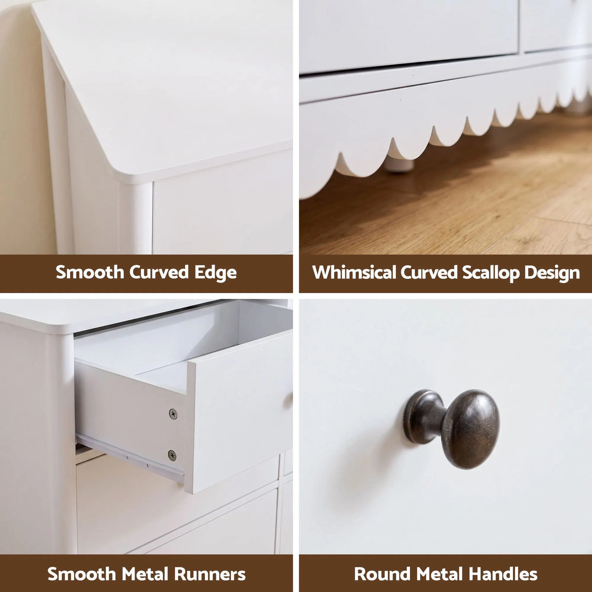 Artiss 6 Chest of Drawers Dresser Lowboy Curved Edge Scalloped White Bedroom - Image 9