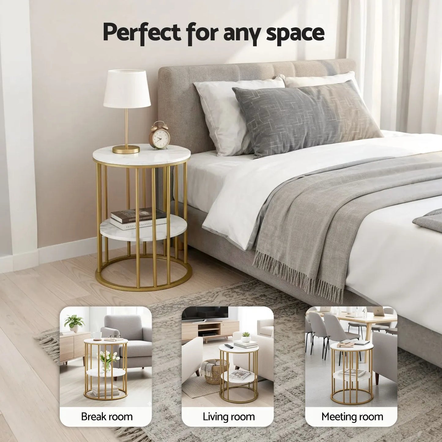 Artiss Side Table Set of 2 Marble Effect Round Coffee Table 2 Tier End Bedside Table Nightstand White&Gold - Image 8