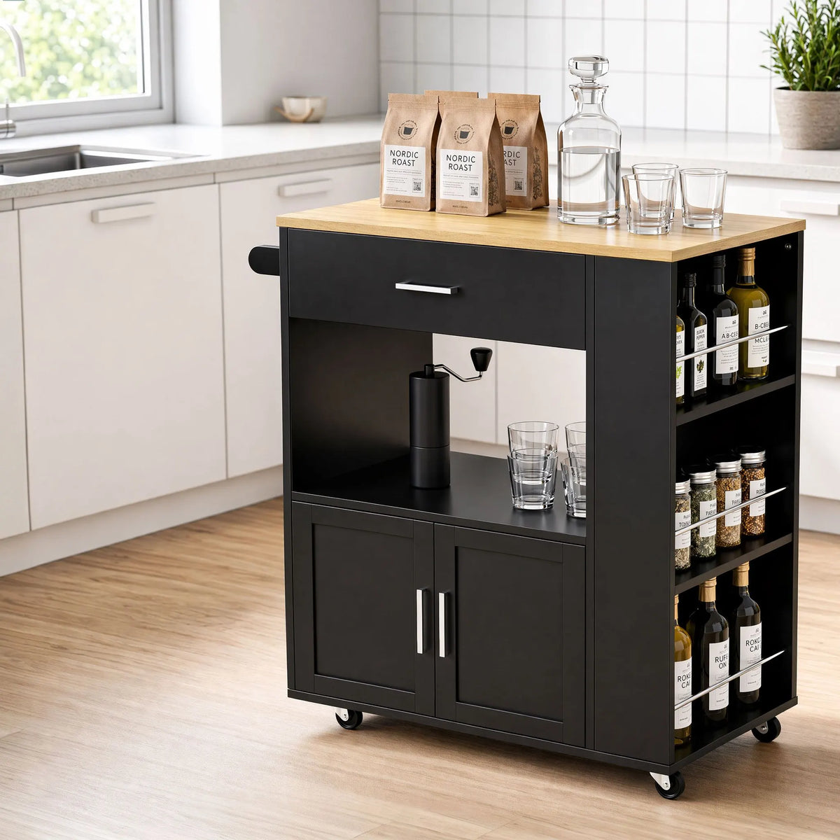 Artiss Kitchen Island Trolley Rolling Serving Cart Storage Cart Shelf Towel Rack - Image 9
