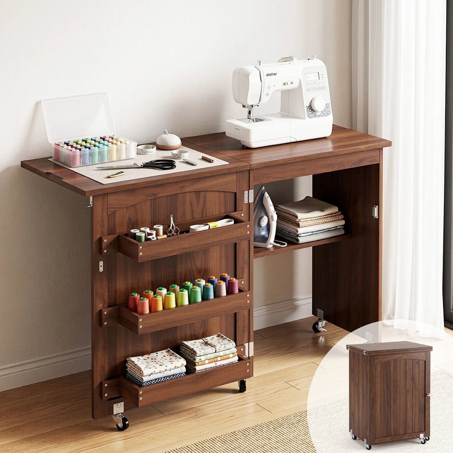Artiss Folding Sewing Table Sewing Machine Desk Multi-functional Rolling Work Table Craft Station - Image 9