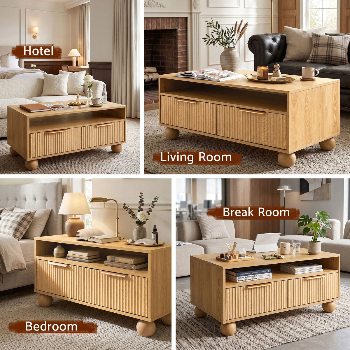 Artiss Coffee Table 90cm Center Table Fluted Drawers Open Shelf Spherical Solid Legs Wood - Image 8