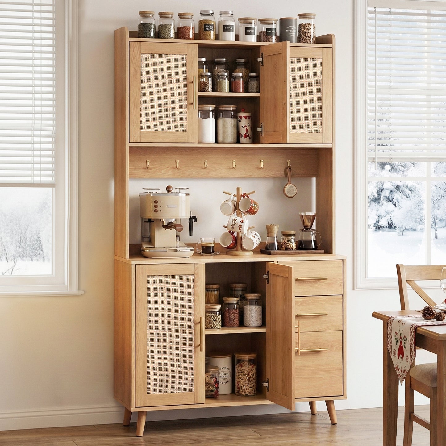 Artiss Buffet Sideboard Hutch Storage Cabinet Kitchen Cupboard Hooks Rattan Pine - Image 8