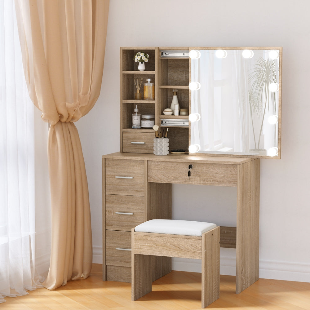 Artiss Dressing Table Set Stool 10 Led Bulbs Wood - Image 7