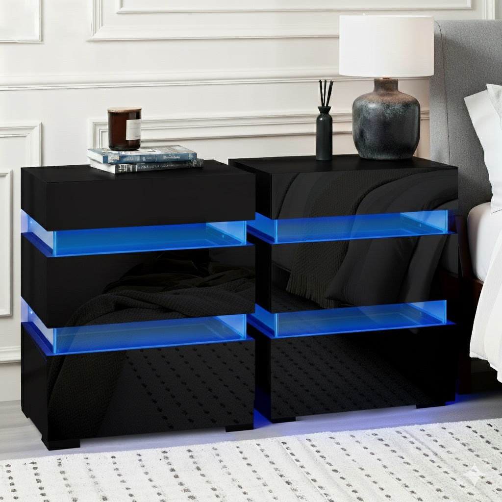 Artiss 2x Bedside Table LED 3 Drawers - LUMI Black - Image 7