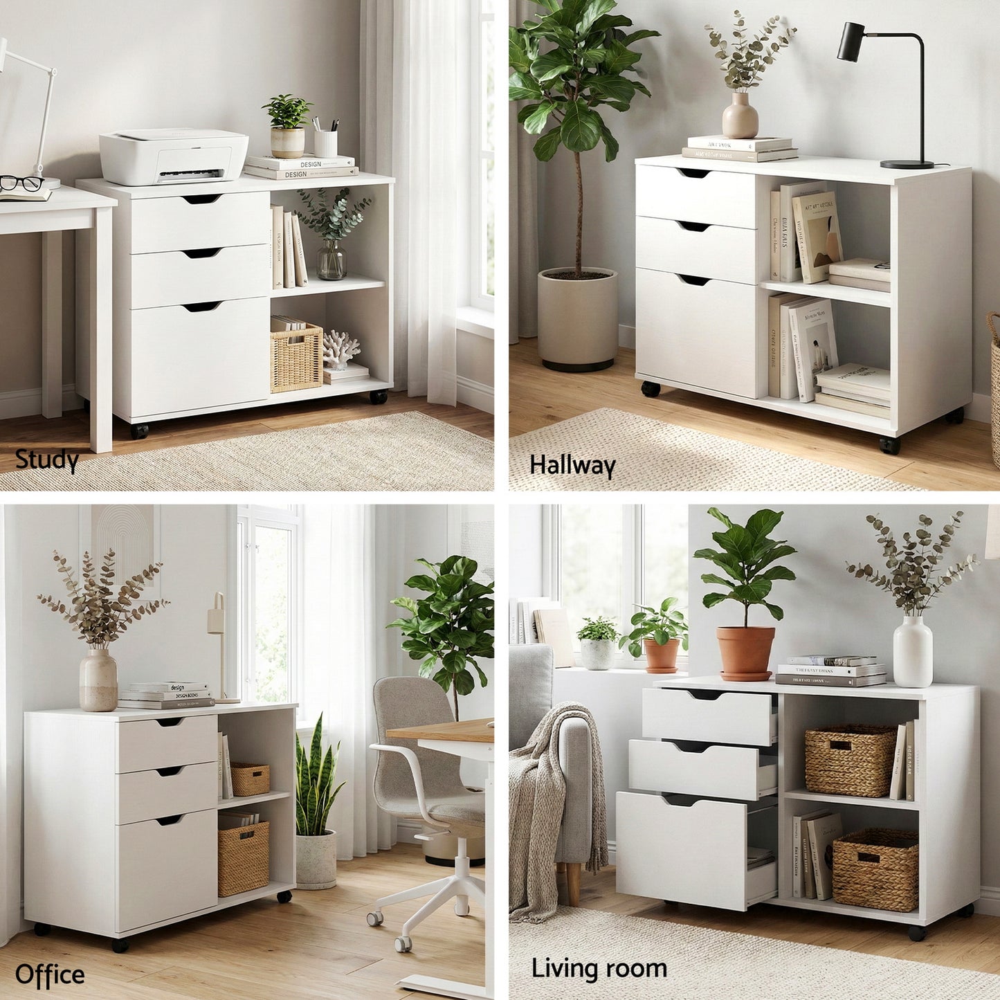 Artiss 3 Drawer Mobile Filing Cabinet Printer Stand Cabinet Home Office Storage White - Image 9