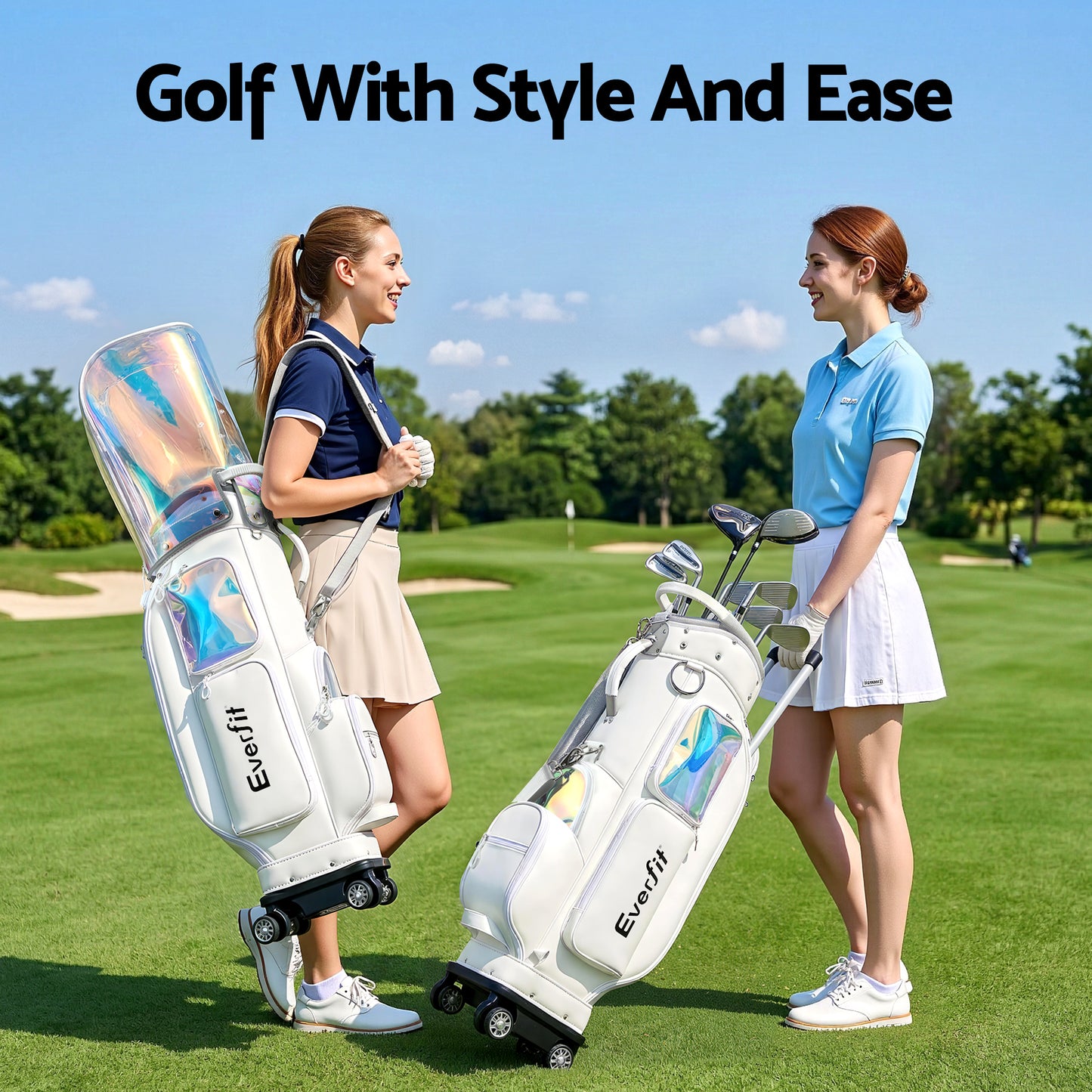 Everfit Golf Cart Bag Rolling Buggy Club Organiser Synthetic Leather White - Image 9